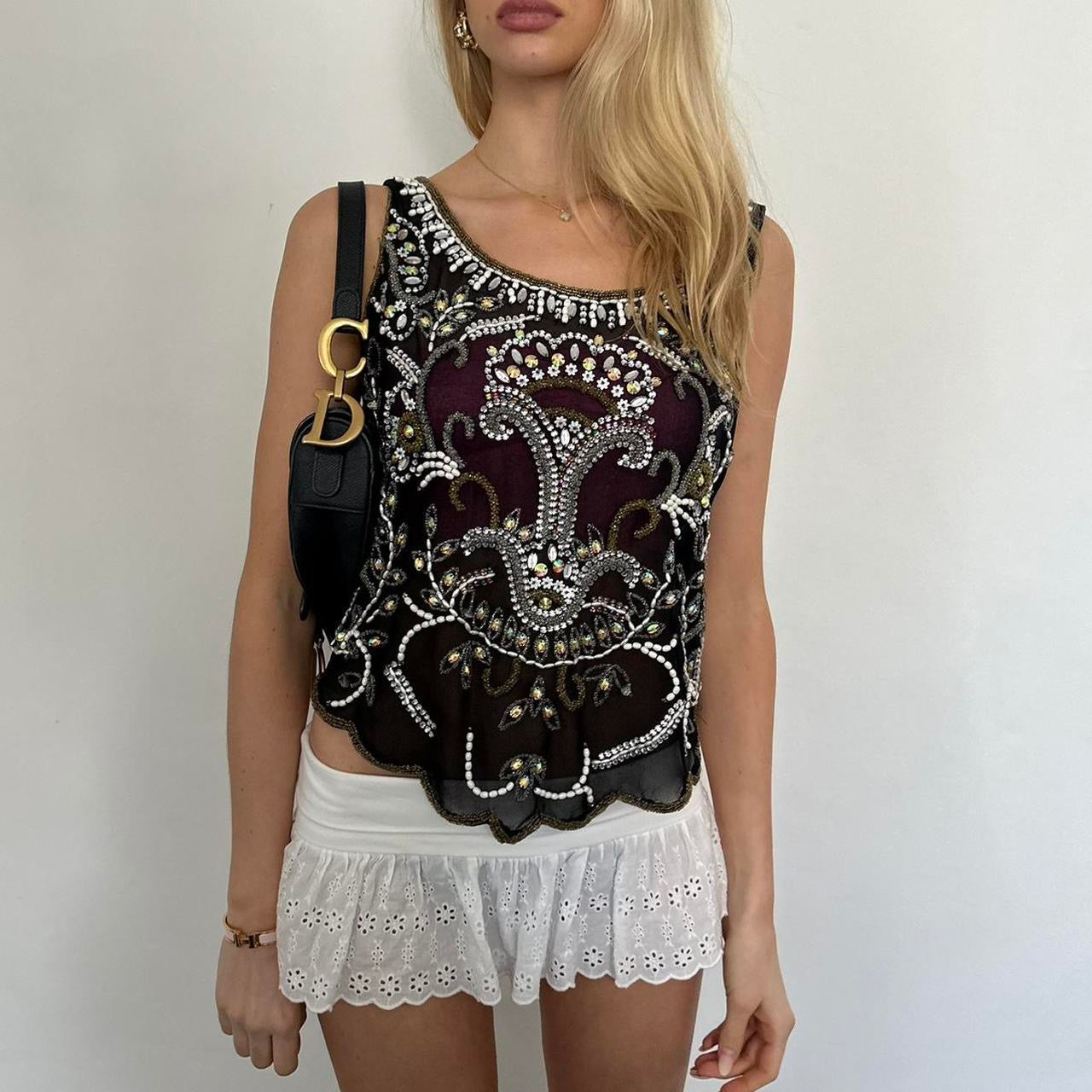 Vintage sequin embellished mesh top