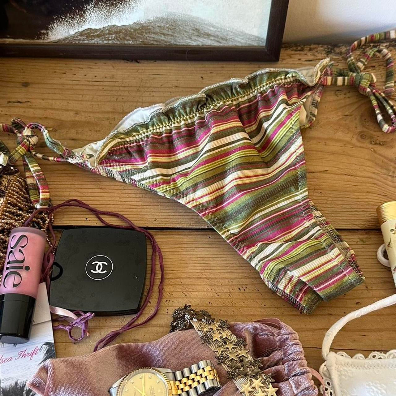 Vintage 00s green striped bikini bottoms