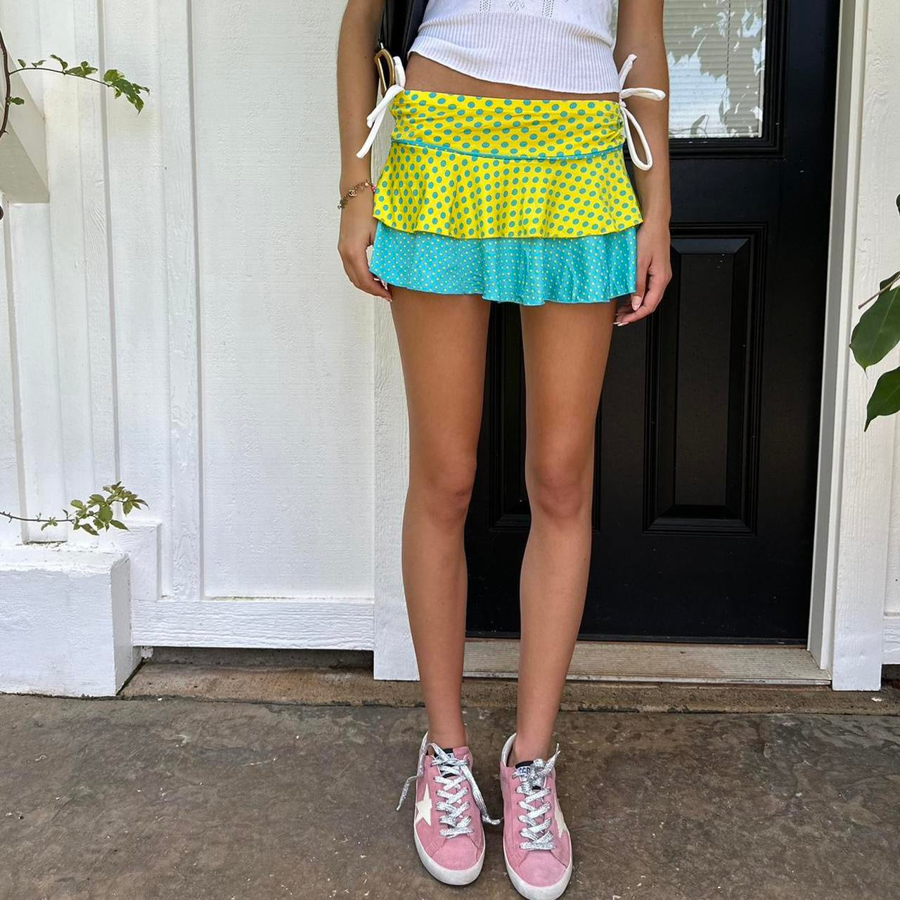 Vintage 90’s polka dots yellow and blue layered mini skirt