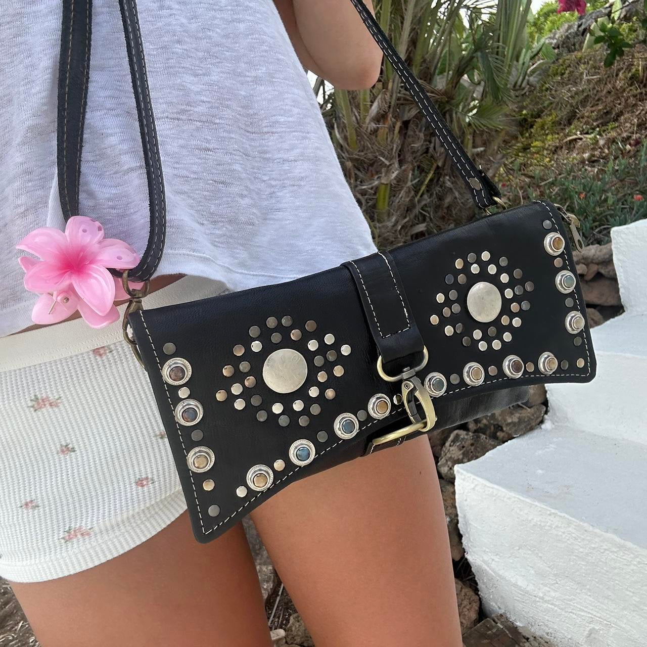 Vintage crescent Luna leather studded bag π