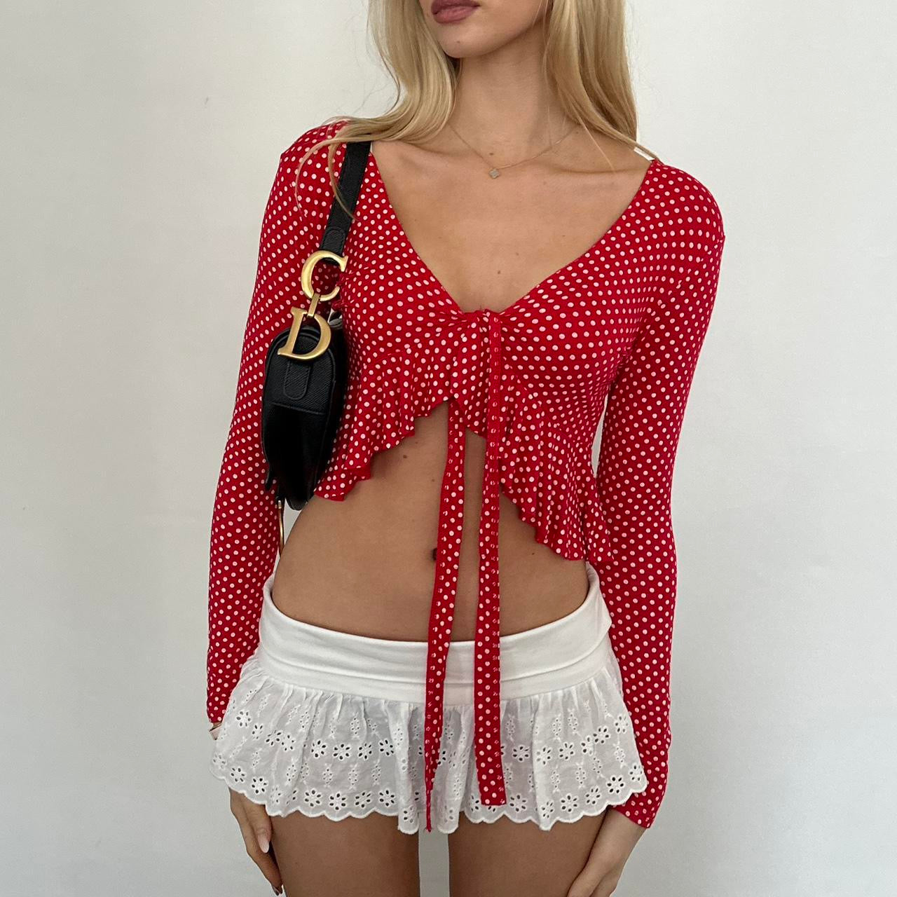 Vintage red polka dot tie up top