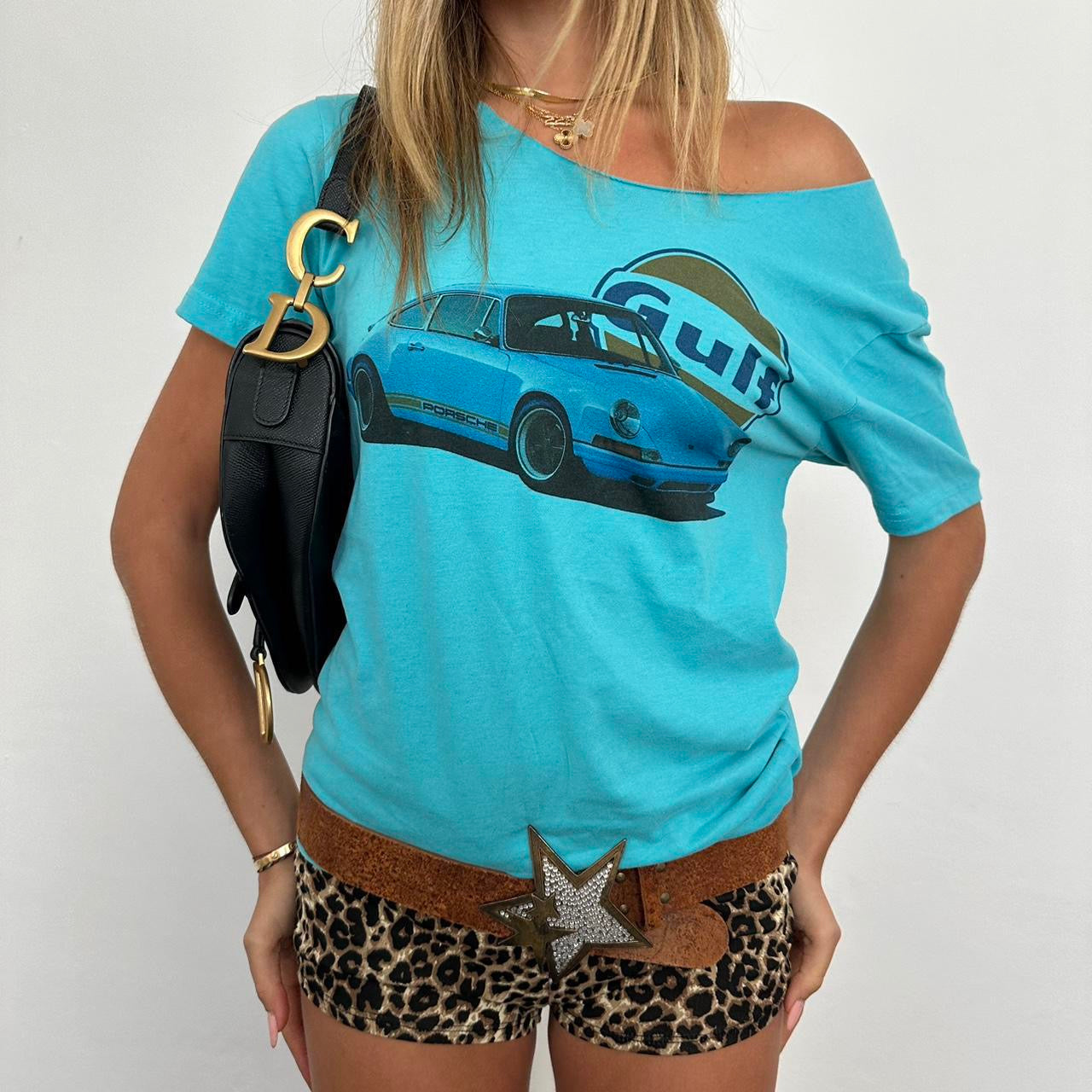 Vintage Porsche blue off shoulder top