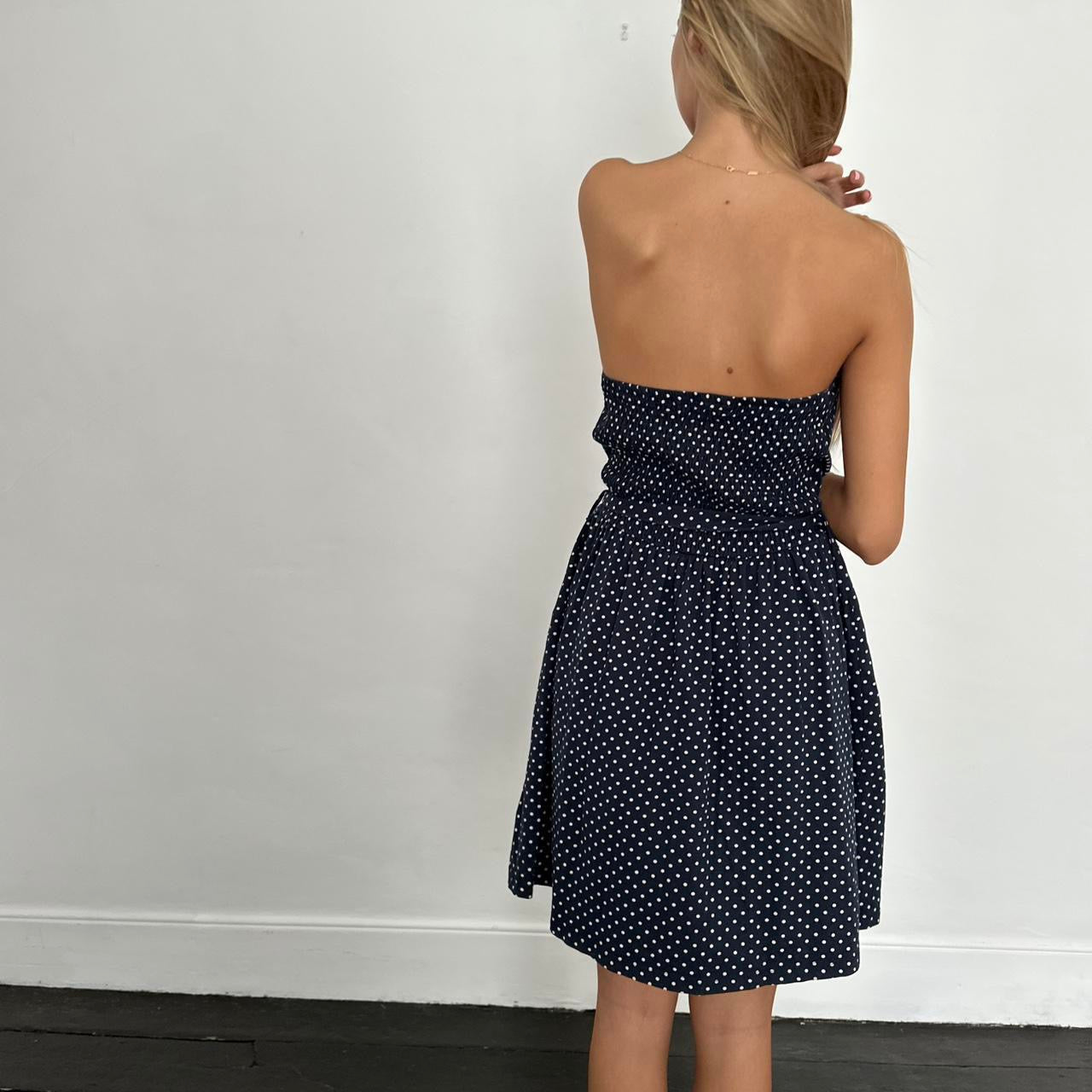 Vintage navy and white polka dot strapless dress