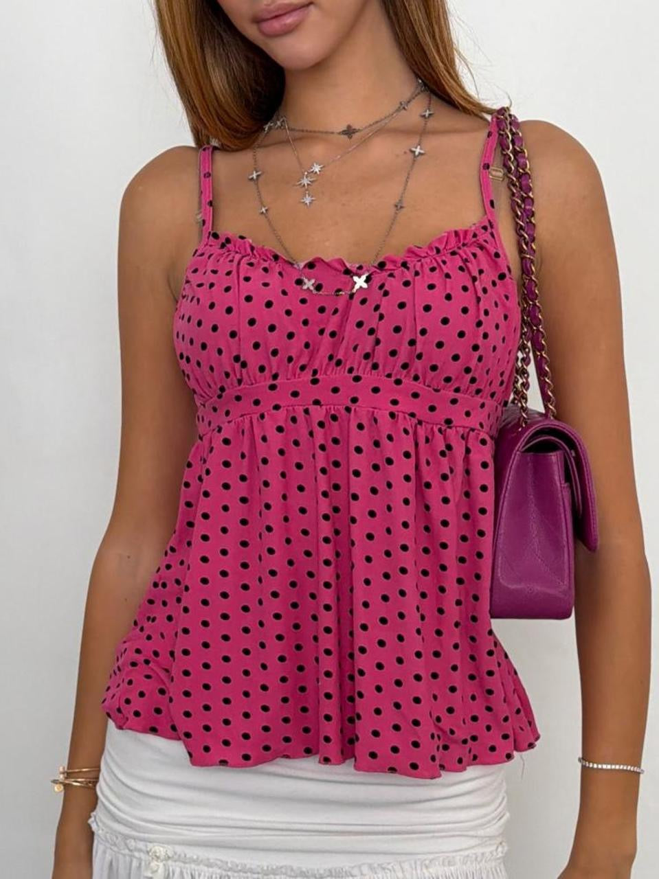Vintage 00’s pink polka dot babydoll top