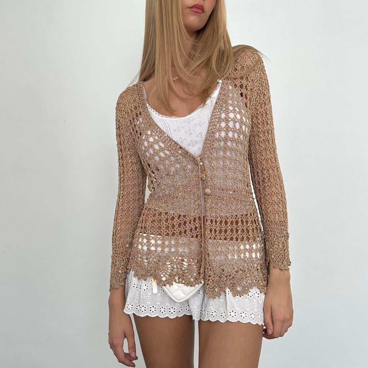 Vintage tan crochet delicate layering cardigan