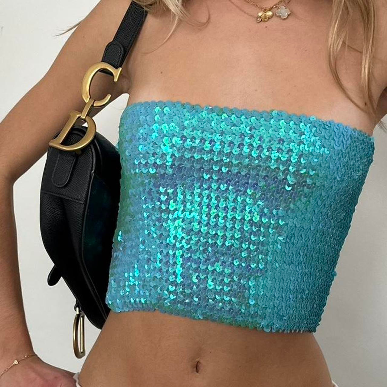 Vintage blue sequin strapless top