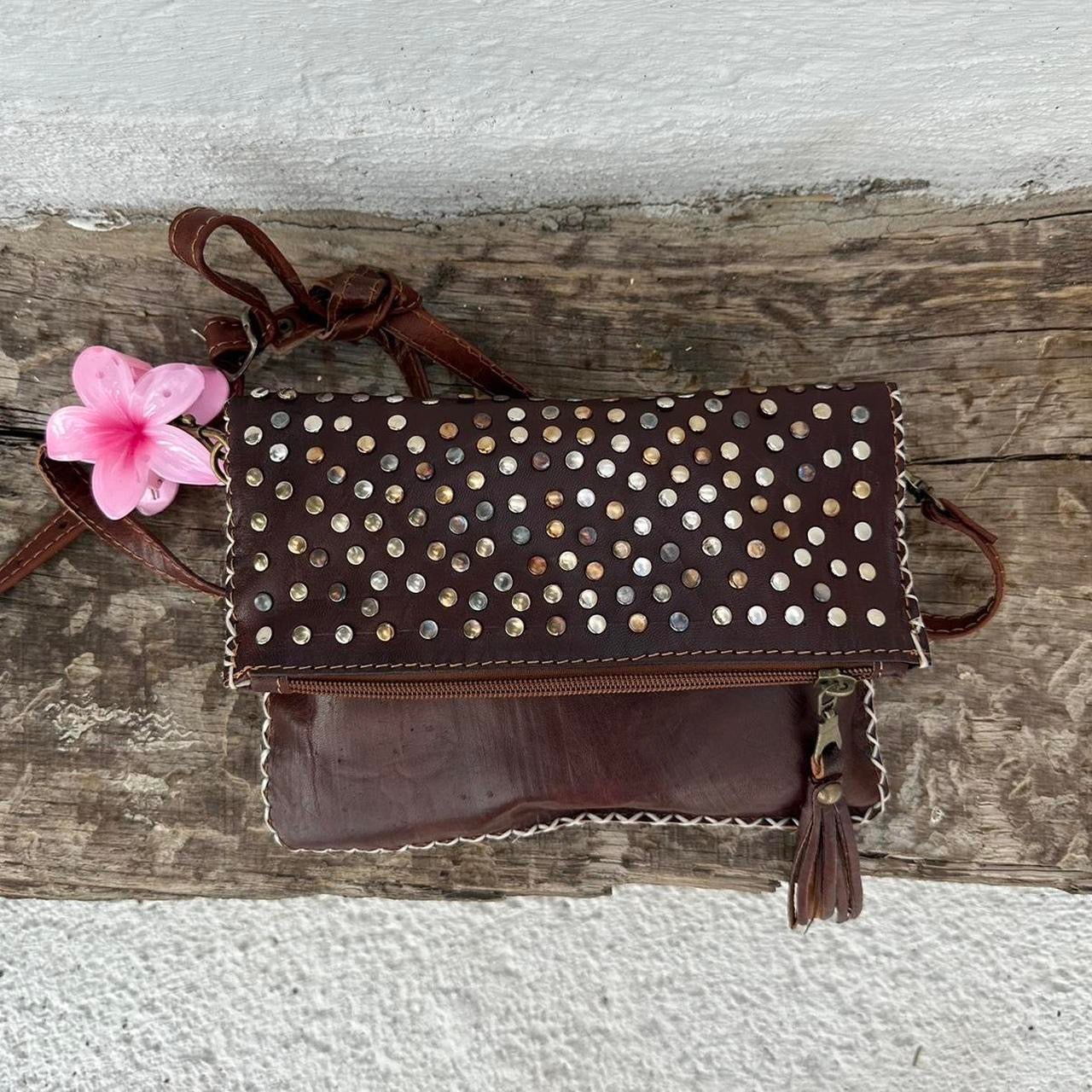 Espresso Brown studded, leather clutch selling