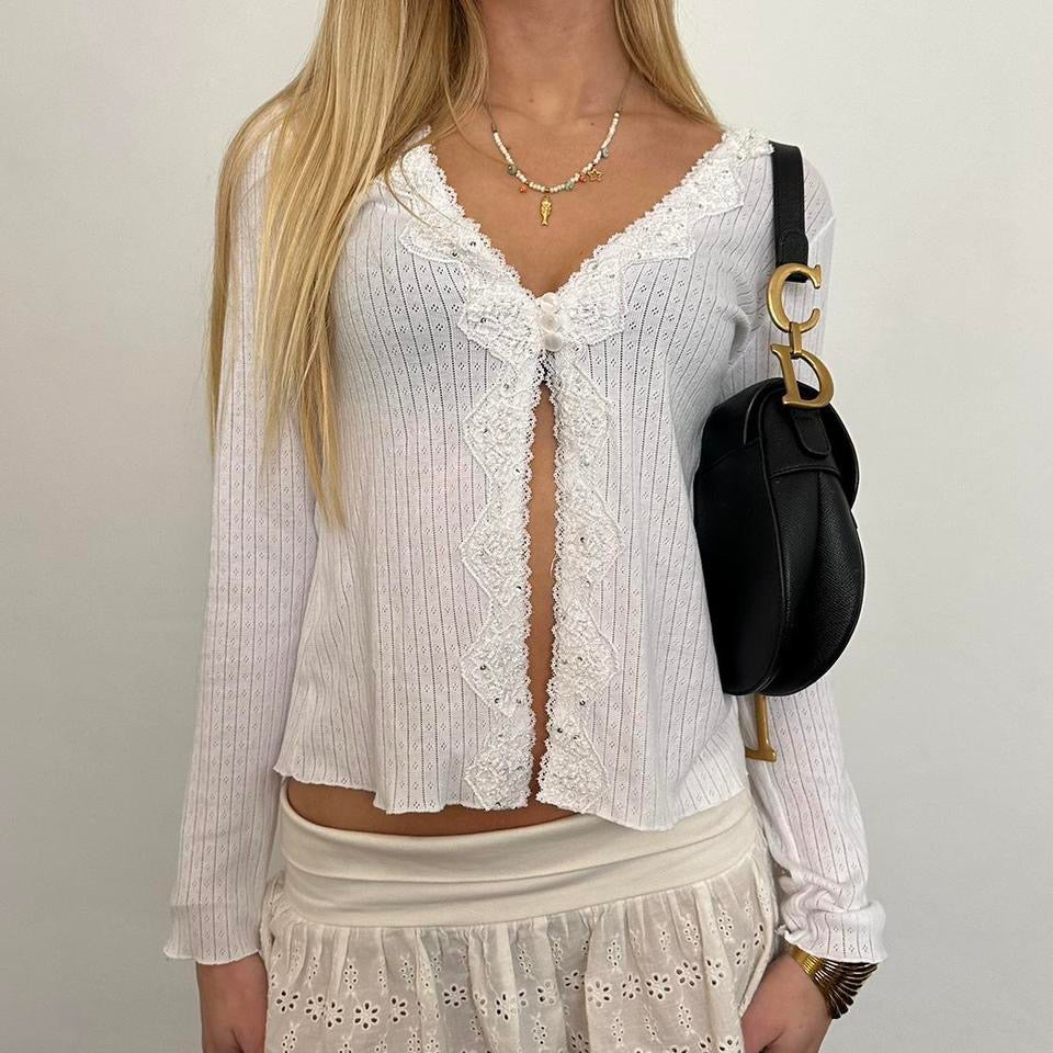 Vintage white pointelle lace long sleeve top