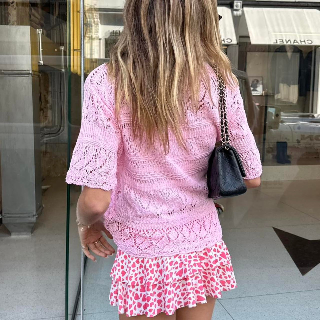 Vintage pink crochet layering cardigan top