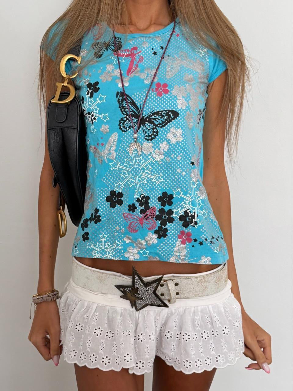 Vintage 00s butterfly blue baby tee