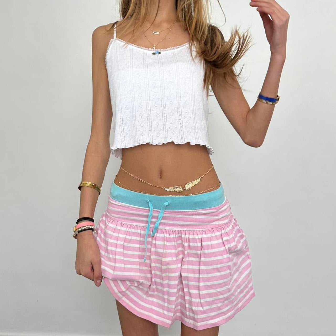 Vintage pastel pink and blue striped mini skirt 🧺🍓🪽