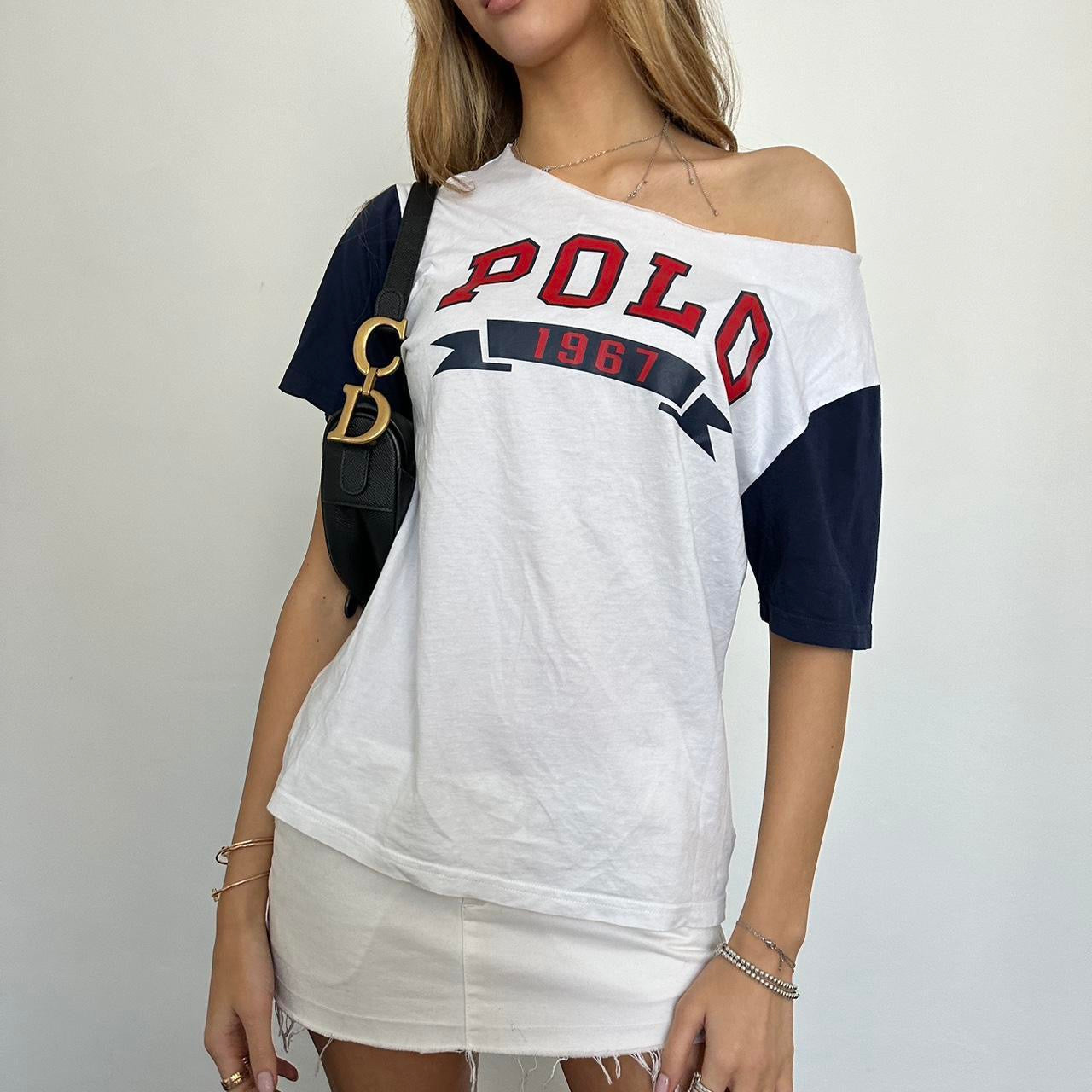 Vintage Ralph Lauren off shoulder navy and white top