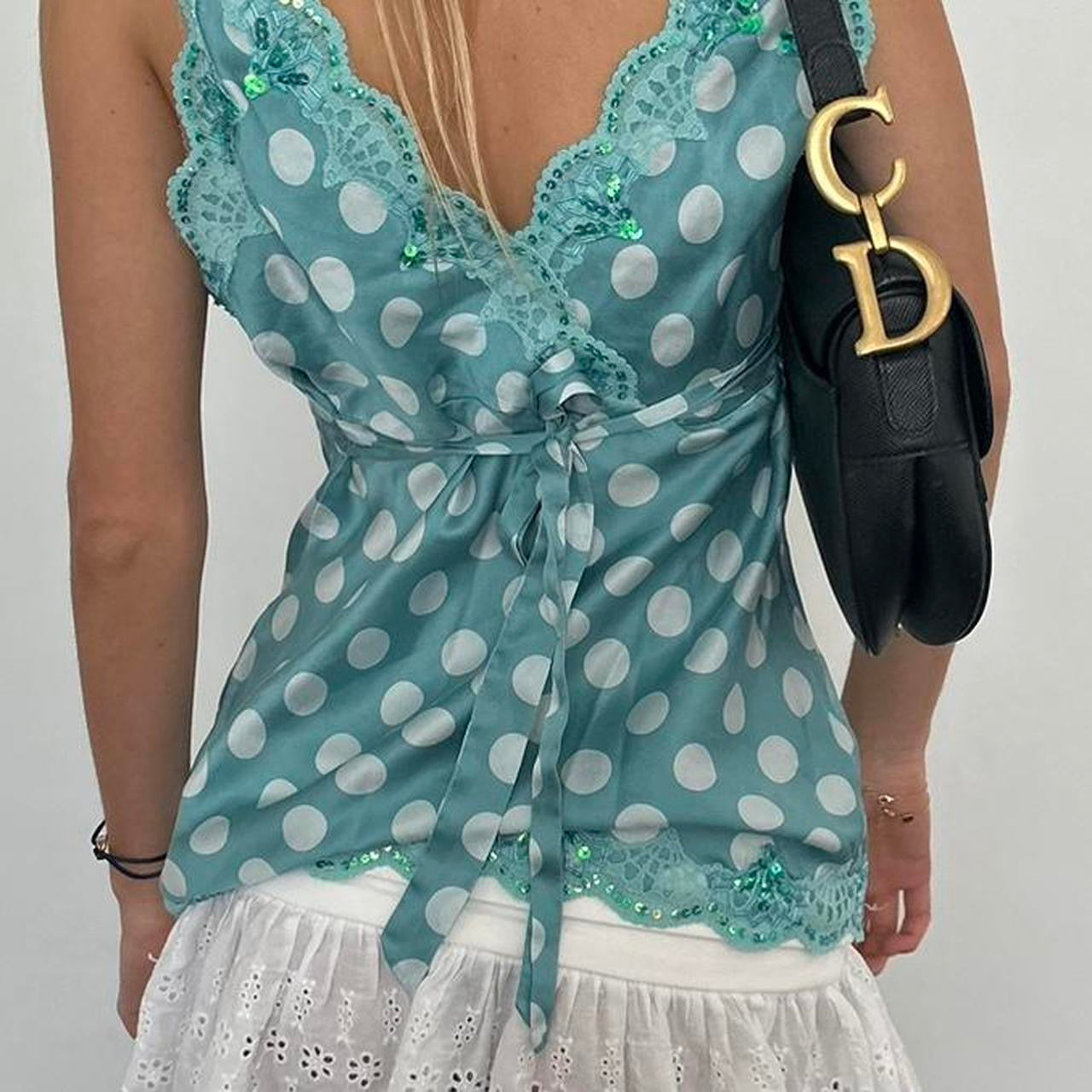 Vintage blue polka dot sequin embellished top