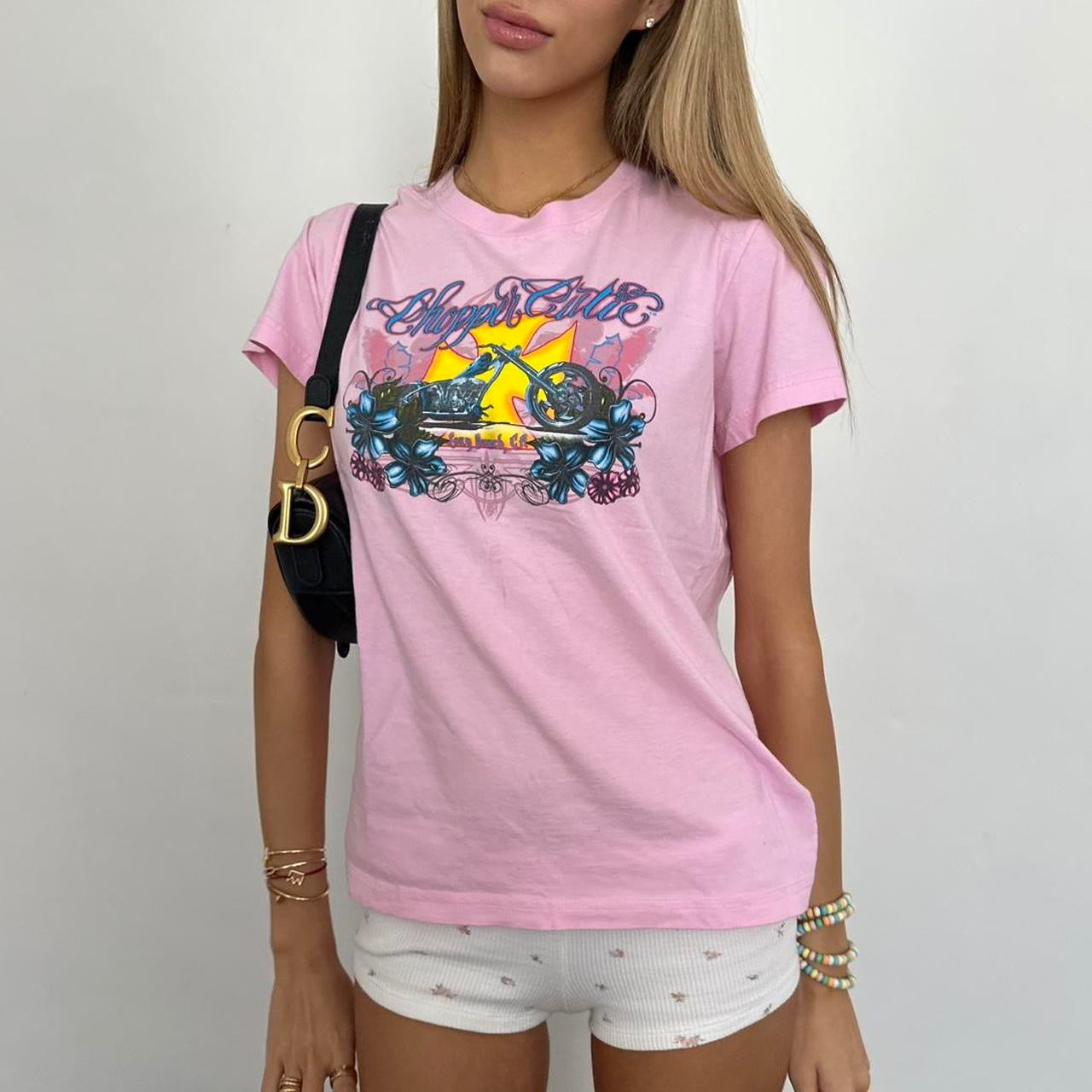 Vintage 2000s pink West Coast Choppers graphic varsity top