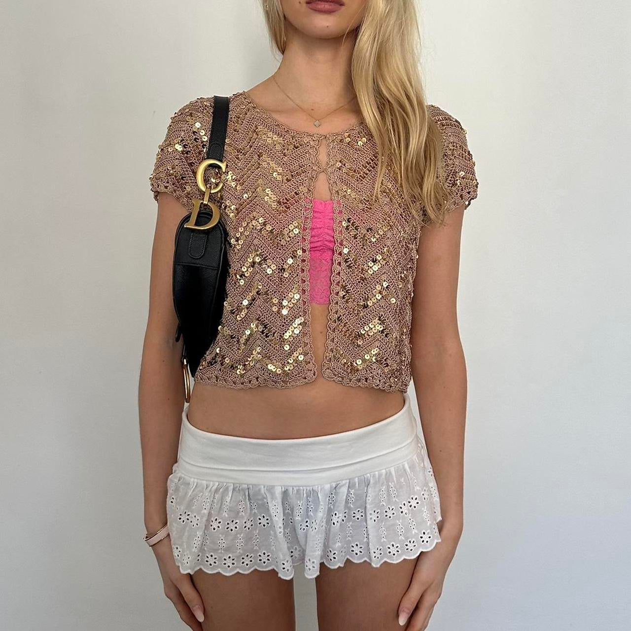 Vintage brown sequin open crochet top