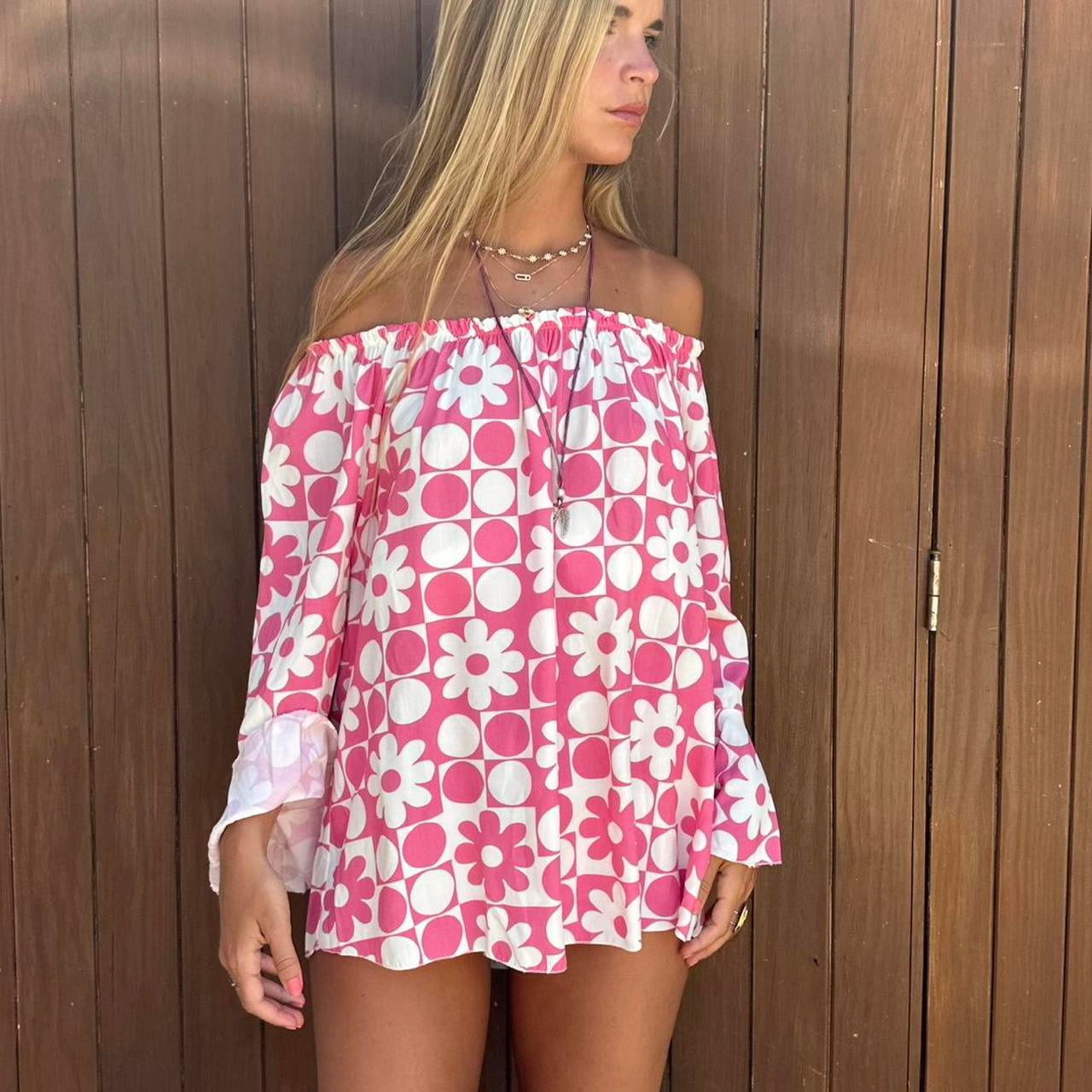 Vintage pink off shoulder mini dress
