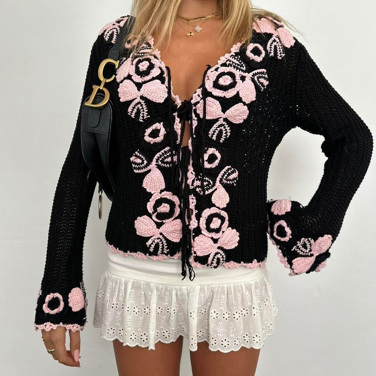 Vintage black and pink crochet long sleeve top