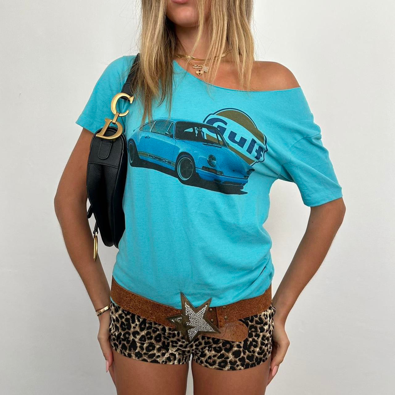 Vintage Porsche blue off shoulder top