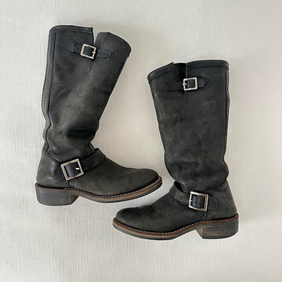 Vintage leather black moto boots