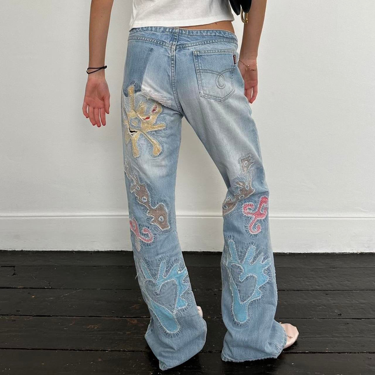 Vintage low rise hibiscus embroidered jeans