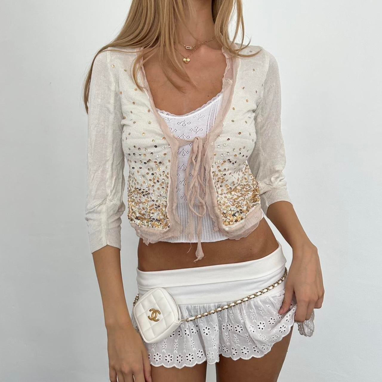 Cream and gold sequin cardigan with lace trim and tie detail