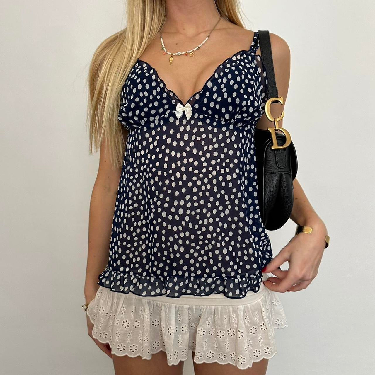 Vintage 2000’s navy Polka dot babydoll cami top