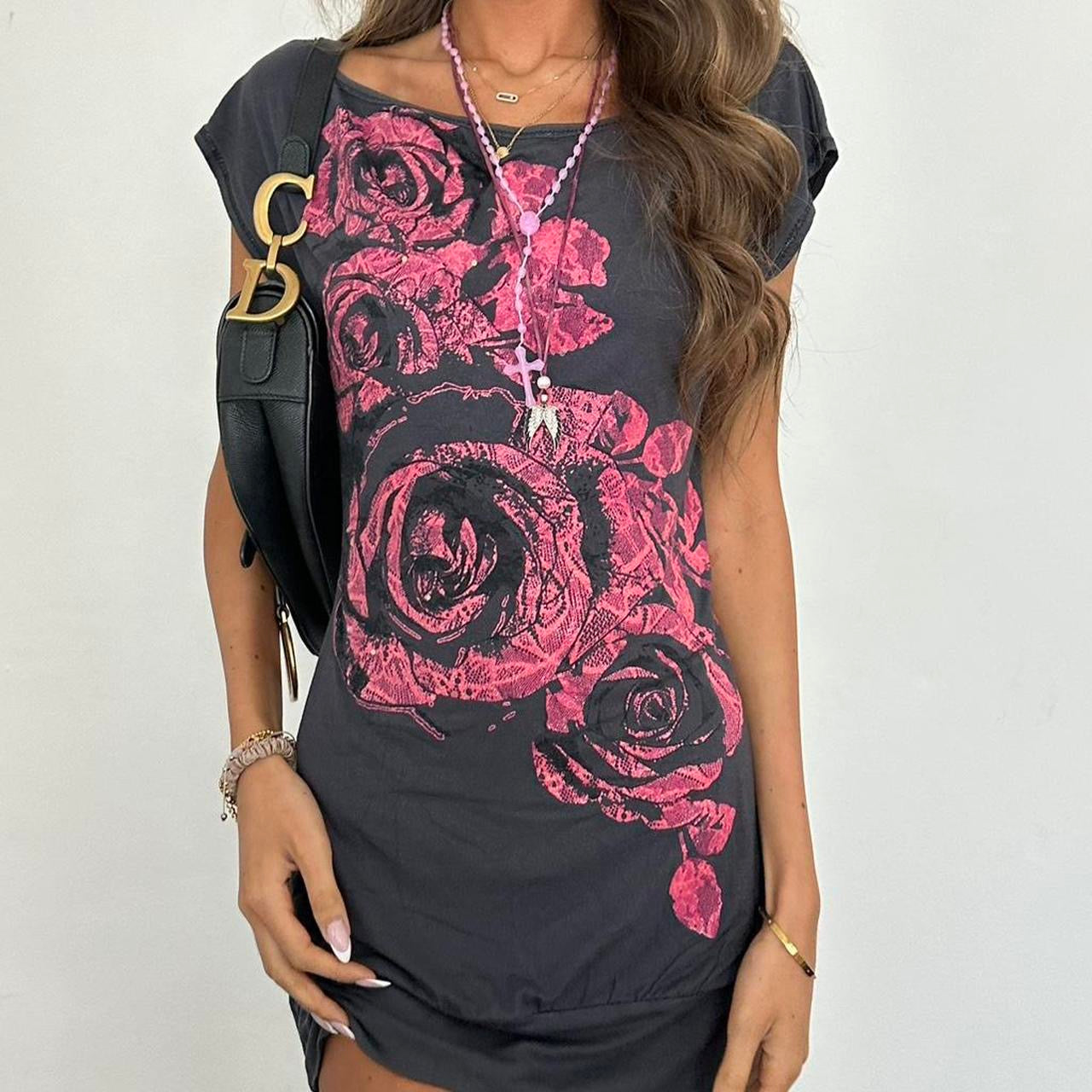 Vintage 00s pink rose & grey mini dress