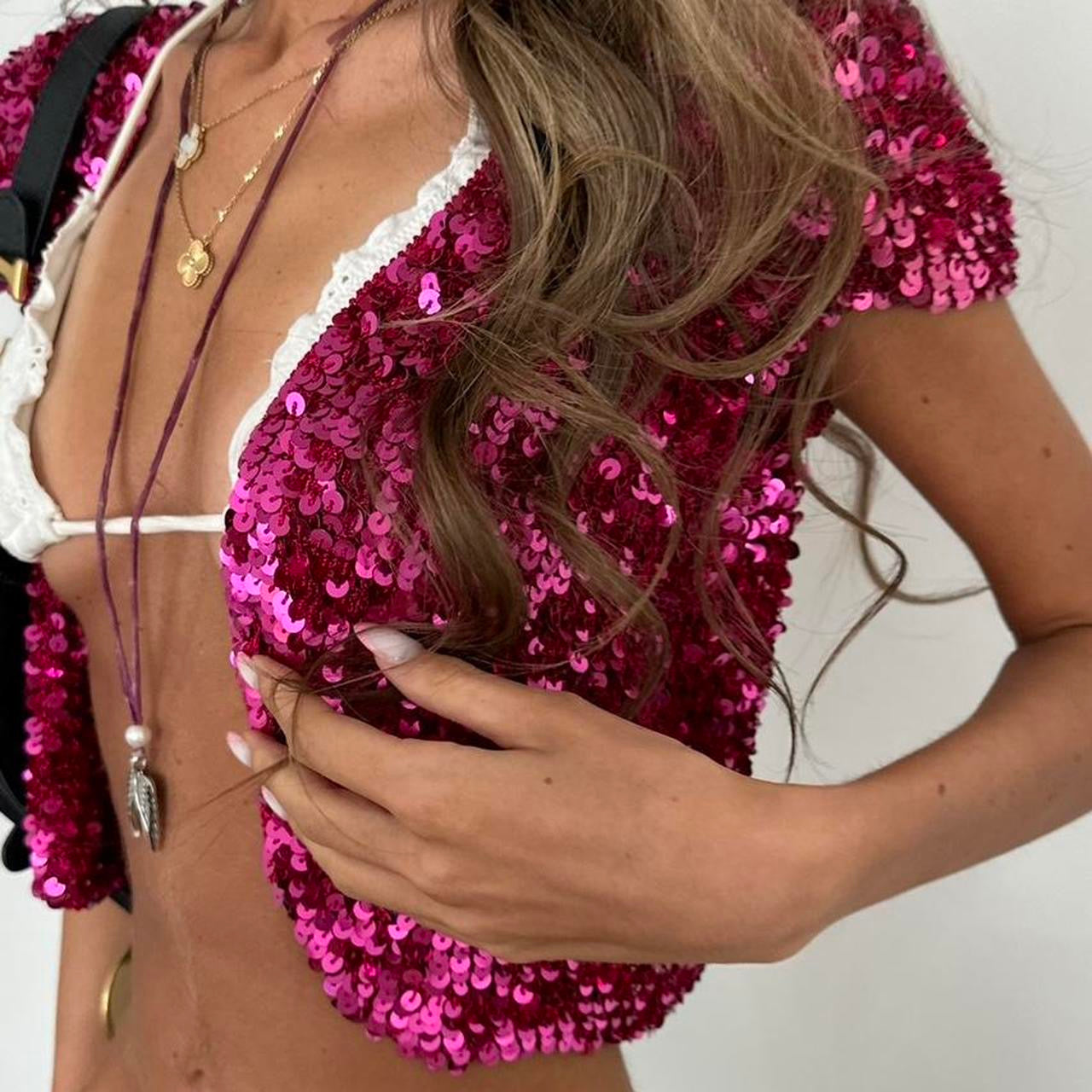 Vintage 00s pink sequin crochet layering top