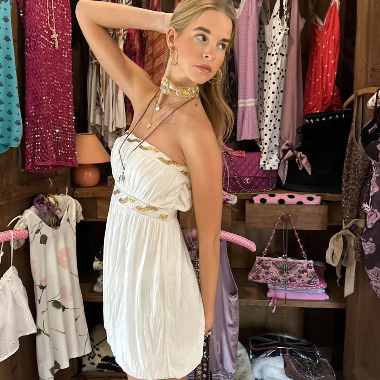 Vintage 90’s white strapless gold sequins dress