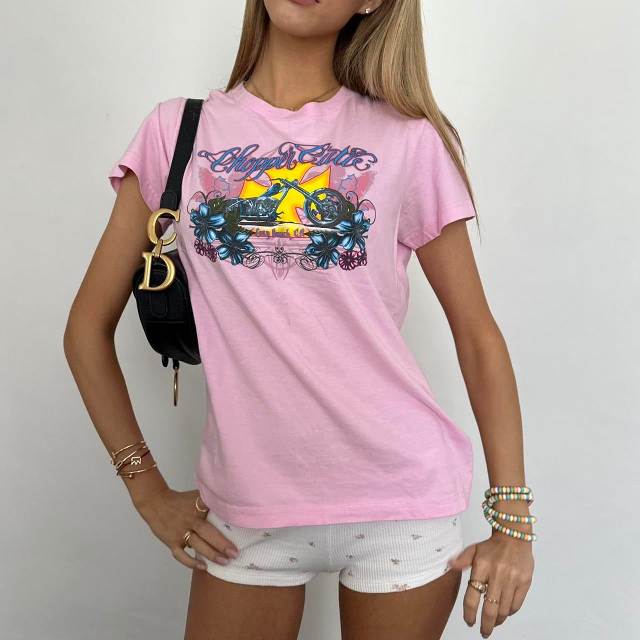 Vintage 2000s pink West Coast Choppers graphic varsity top