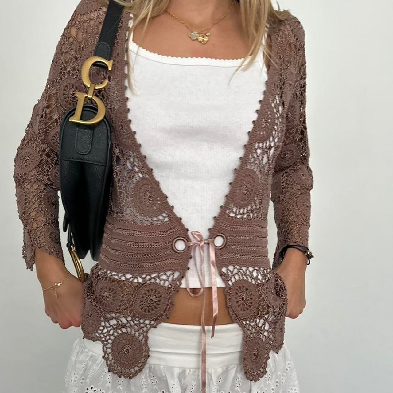 Vintage tie up brown crochet cardigan