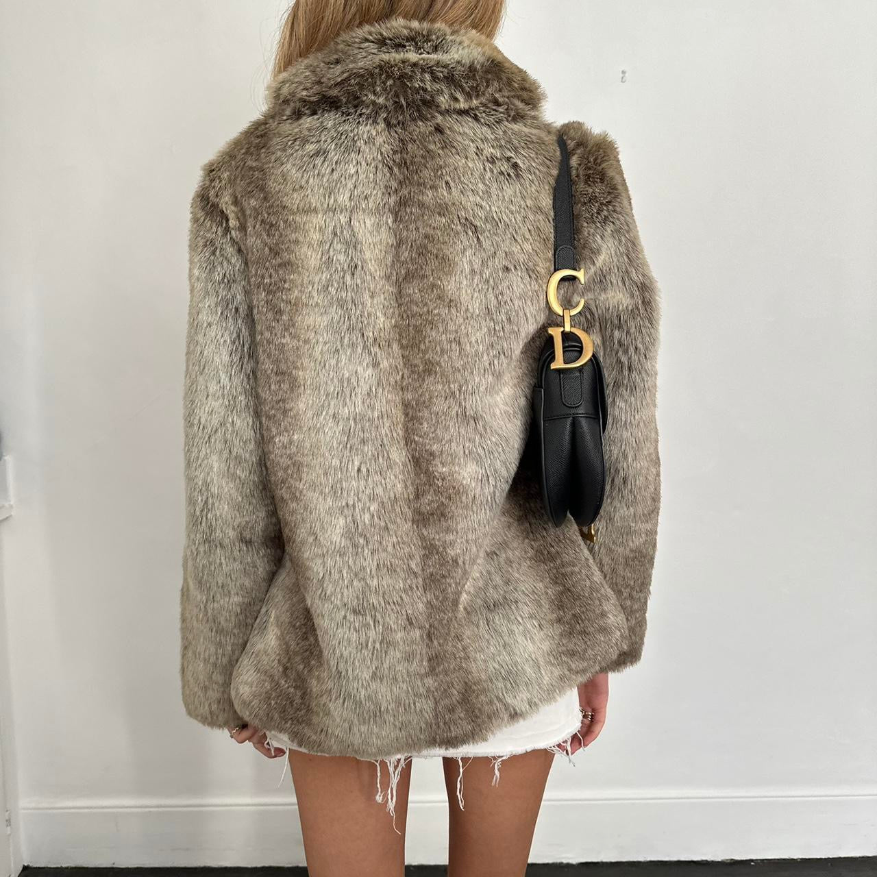 Vintage 2000’s grey/brown hooded faux fur jacket