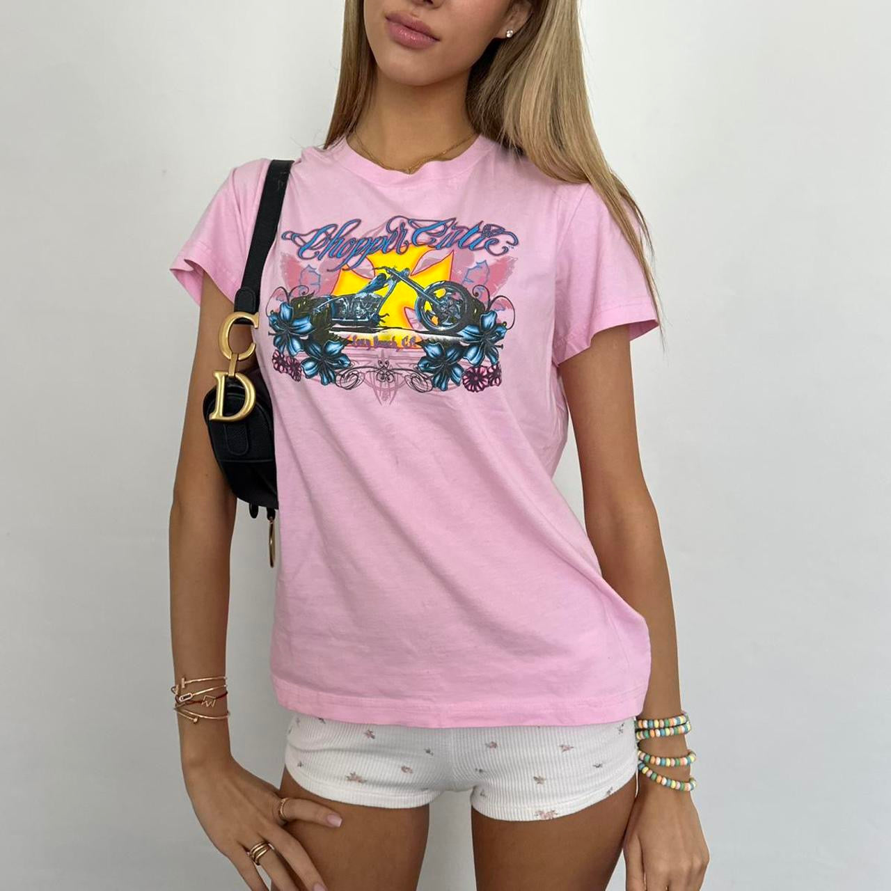 Vintage 2000s pink West Coast Choppers graphic varsity top