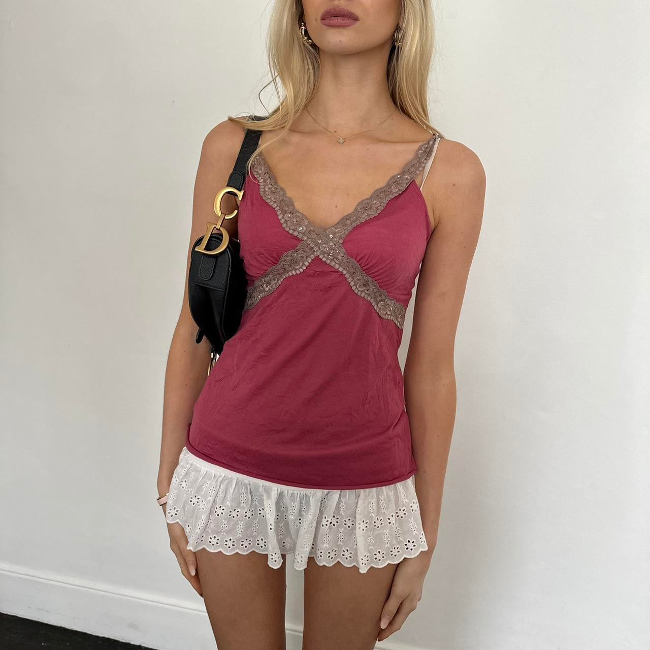 Vintage 2000s dark pink lace cami top