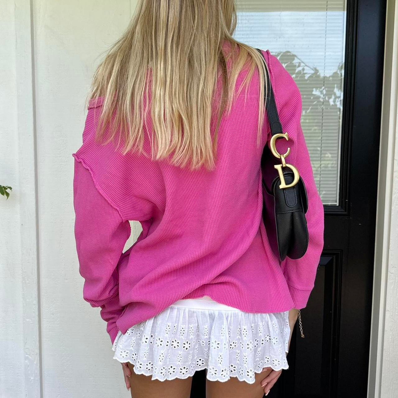 Vintage pink cross waffle long sleeve top