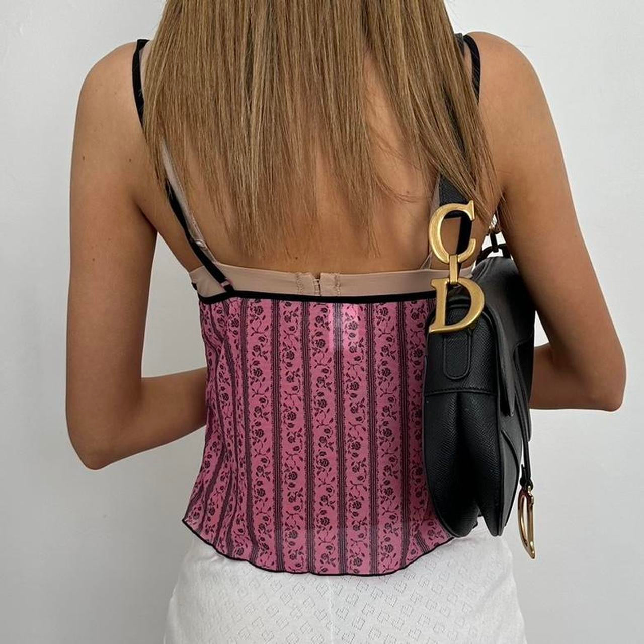 Vintage pink and black floral mesh cami top