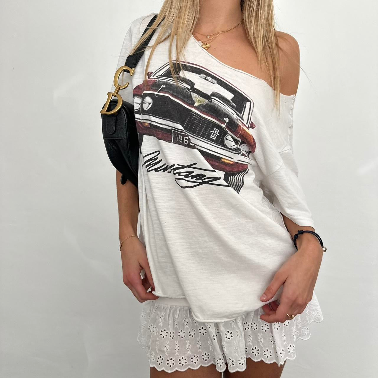 Vintage mustang distressed off shoulder top