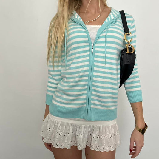 Vintage 90’s striped blue & white knit zip up hoodie