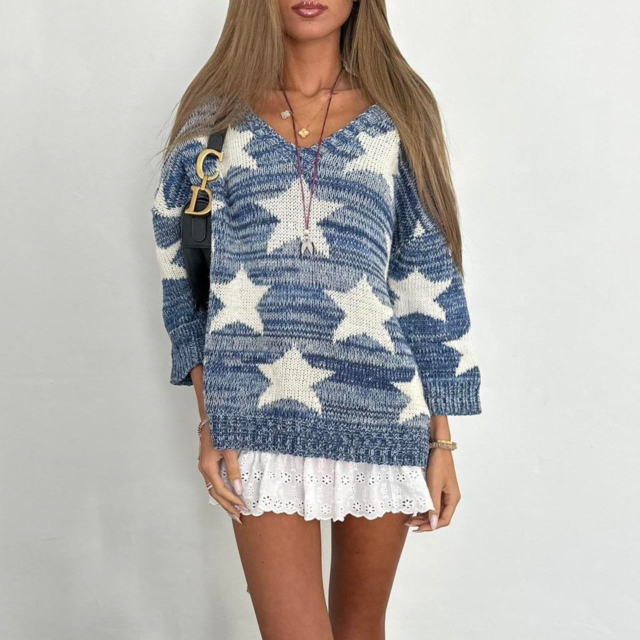 Vintage blue chunky star knit sweater