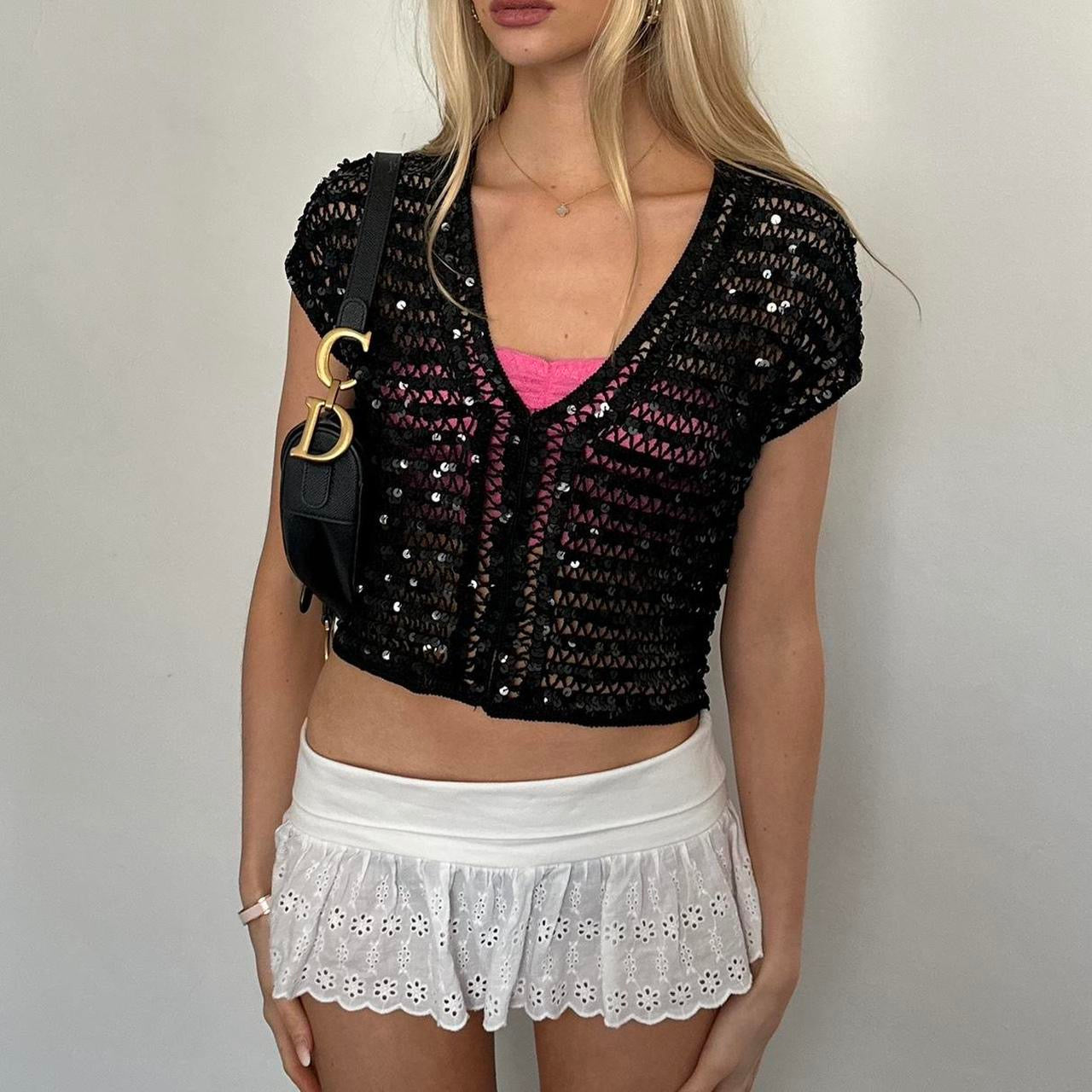Vintage black sequin crochet cardigan top