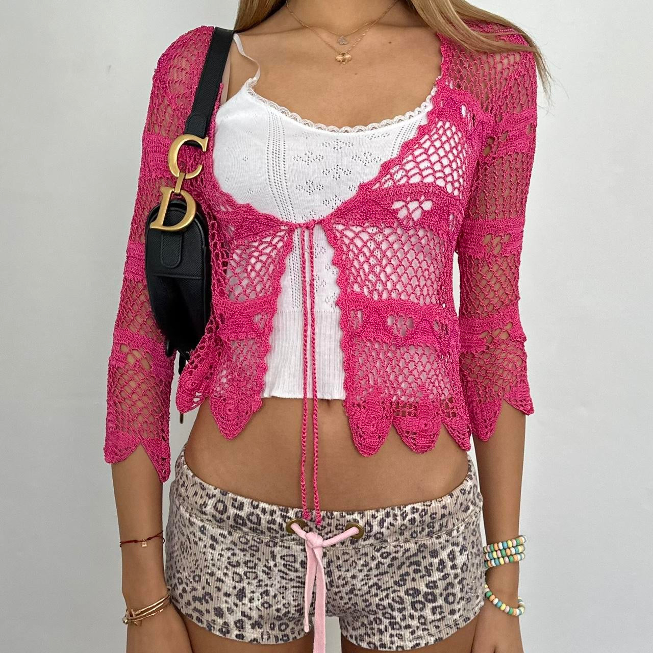 Vintage pink crochet tie up layering top