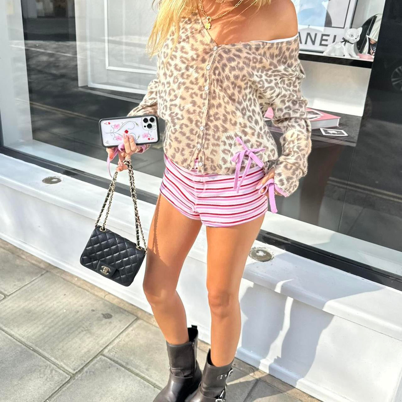 Vintage 90’s leopard print with pink ribbons knit cardigan top