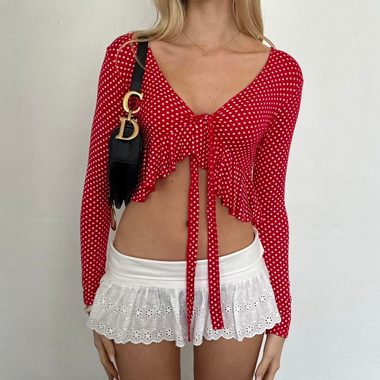 Vintage red polka dot tie up top