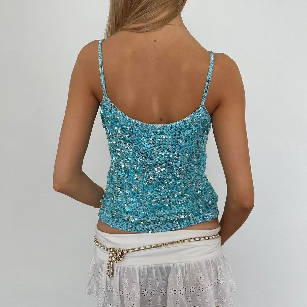 Vintage 90’s blue sequin crochet top