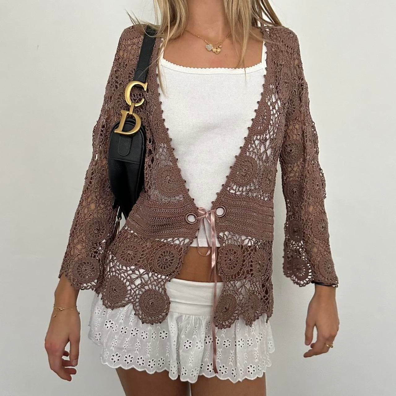 Vintage tie up brown crochet cardigan