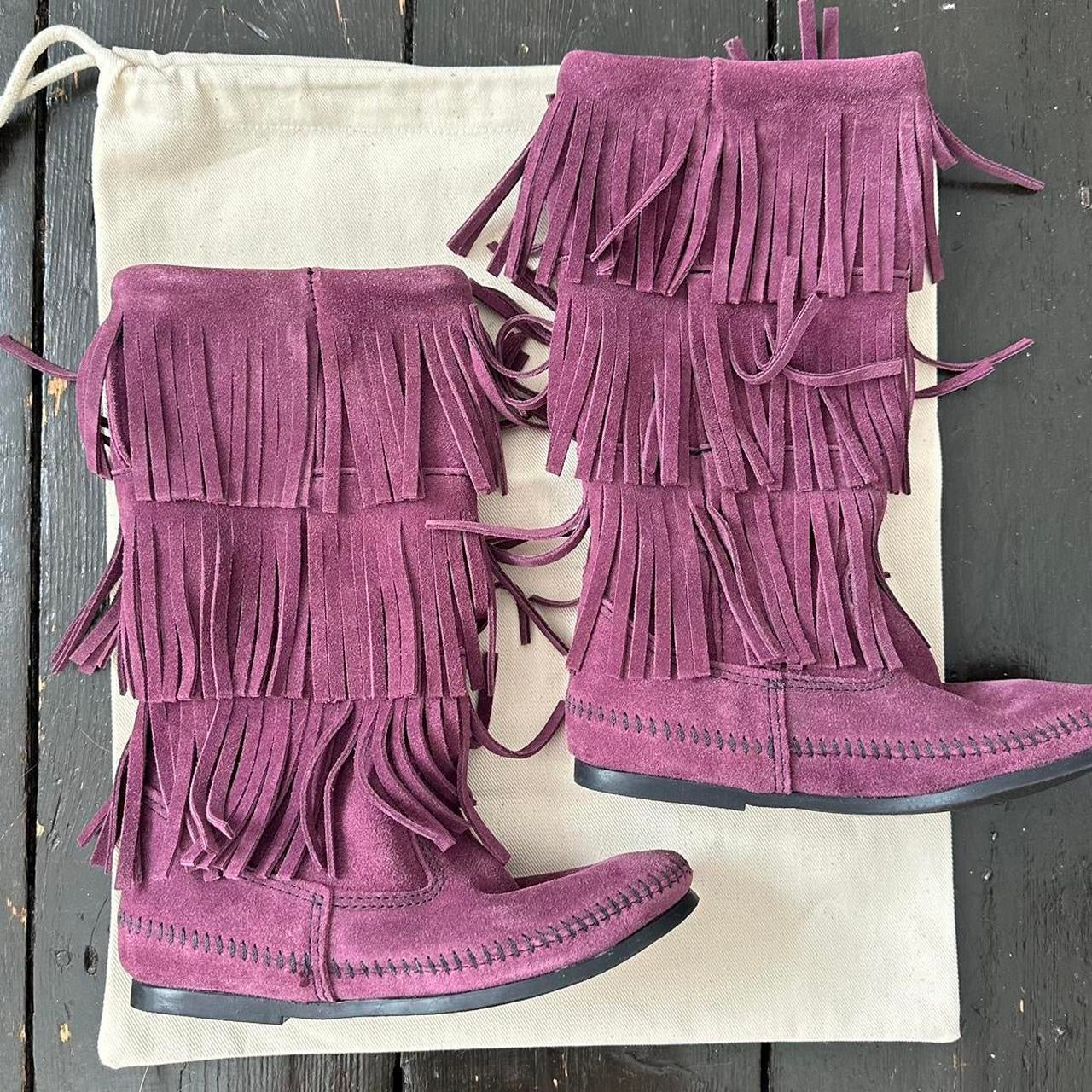 Vintage plum suede fringe leather boots