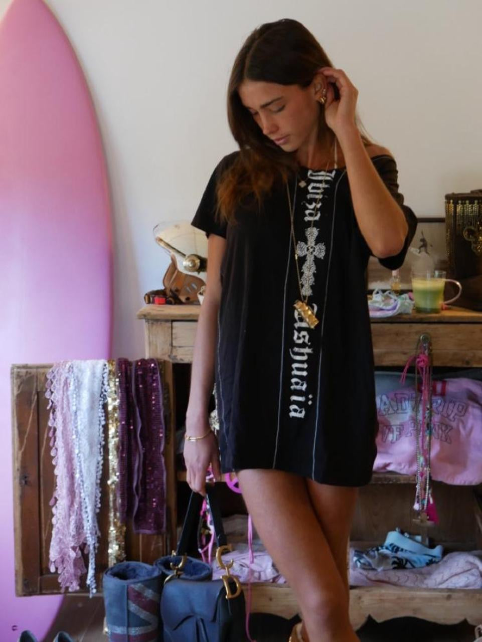 Vintage 00’s Ibiza cross gothic writing ‘Ibiza Ushuaia’ mini dress/ long top