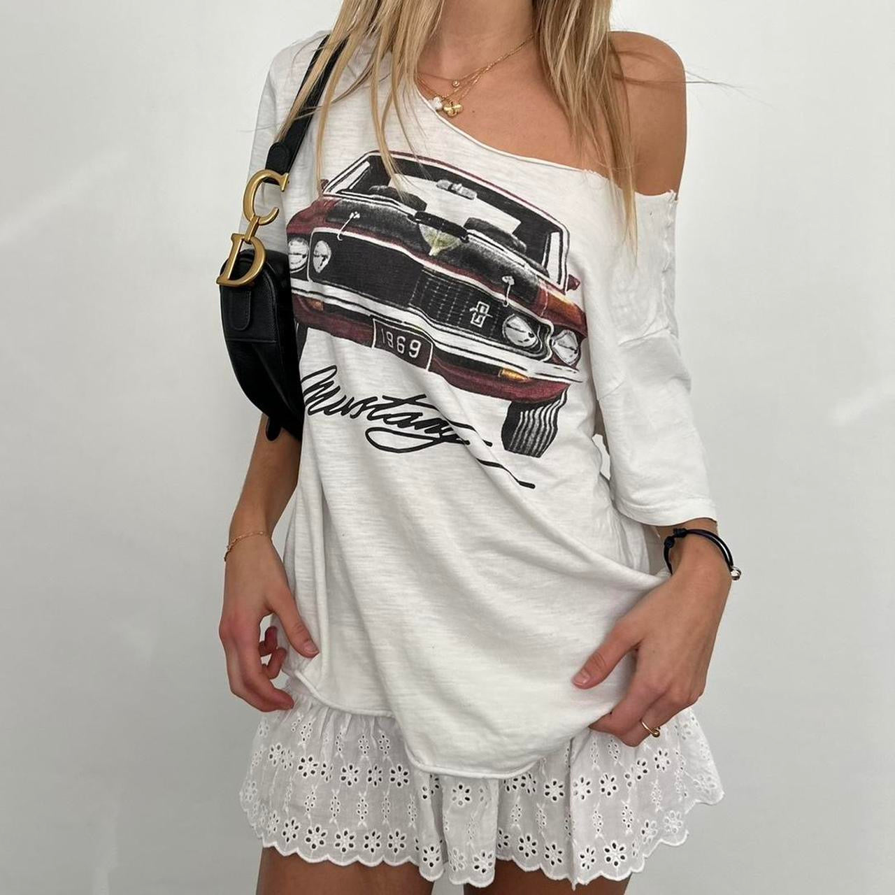 Vintage mustang distressed off shoulder top