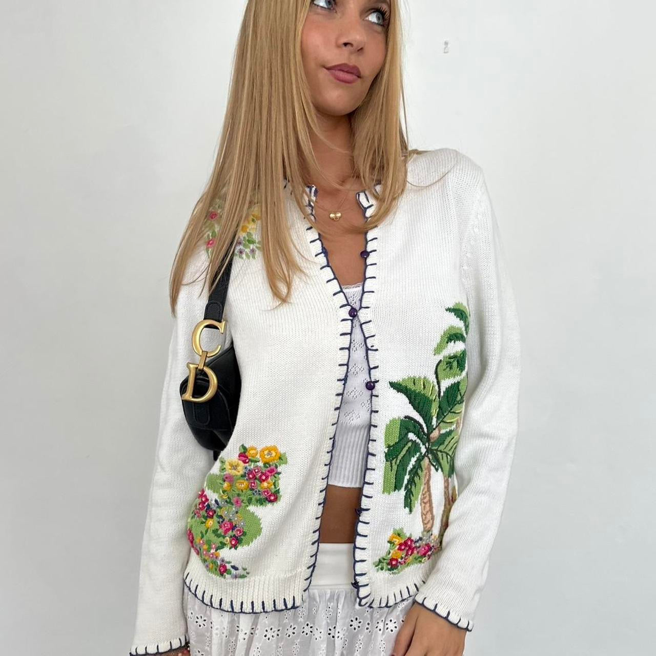 Vintage 90’s palm tree tropical white cardigan
