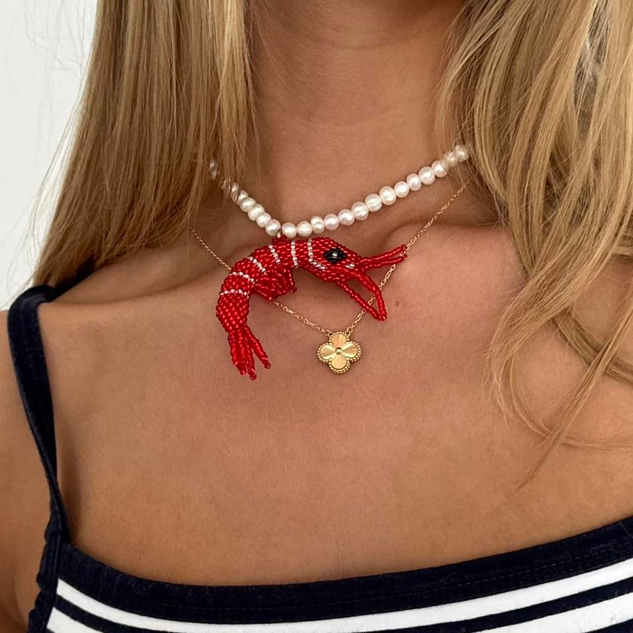 Vintage pearl handmade beaded prawn necklace